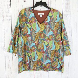Brown and Aqua Paisley Leaf Floral Summer Fall Blouse.......726